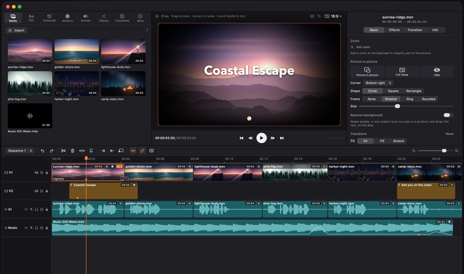 The Cutwright editor: media, viewer, inspector, and a multitrack timeline with titles, voice, and music